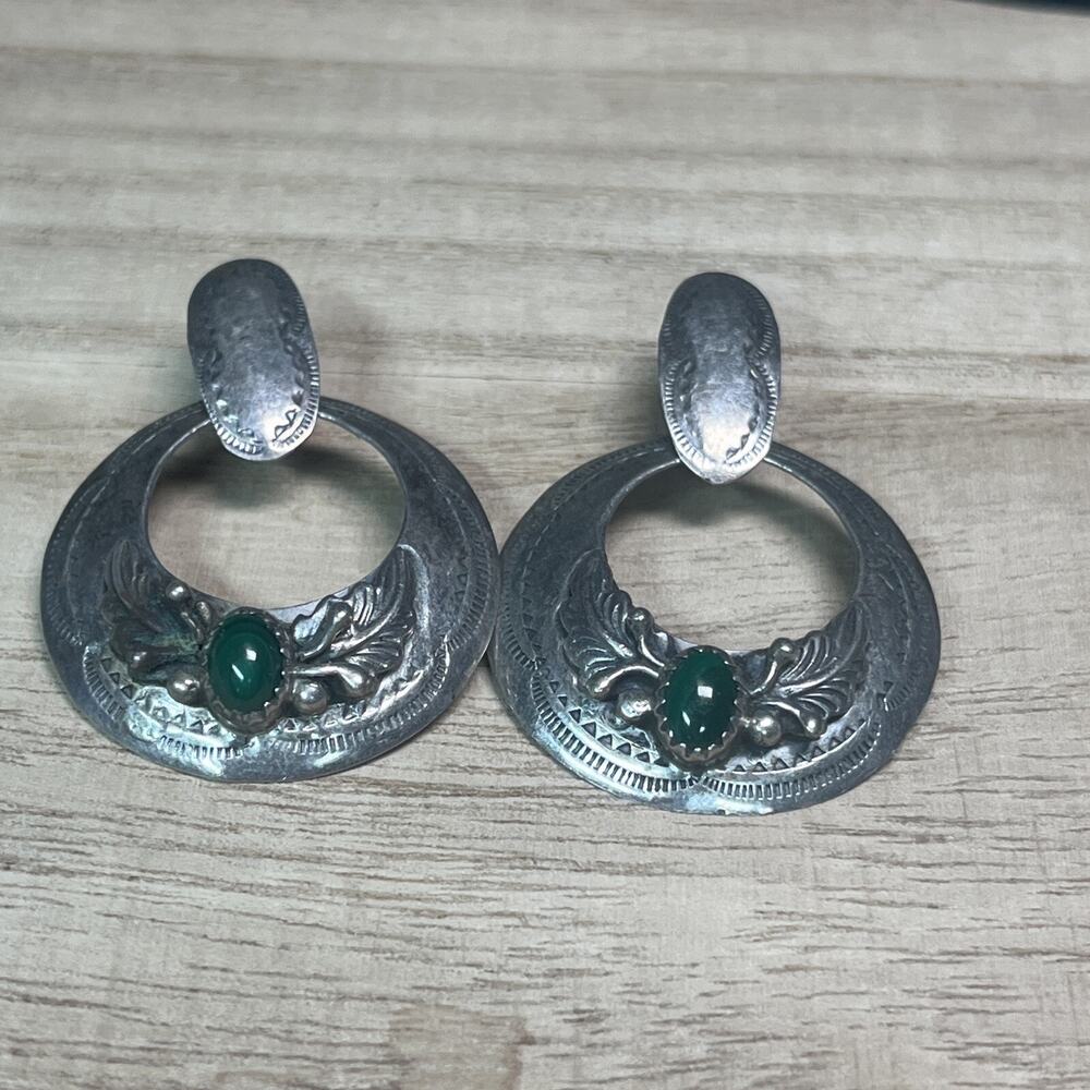 Richard Begay RB Navajo Native American Silver Earrings Green Oval Stone Dangle